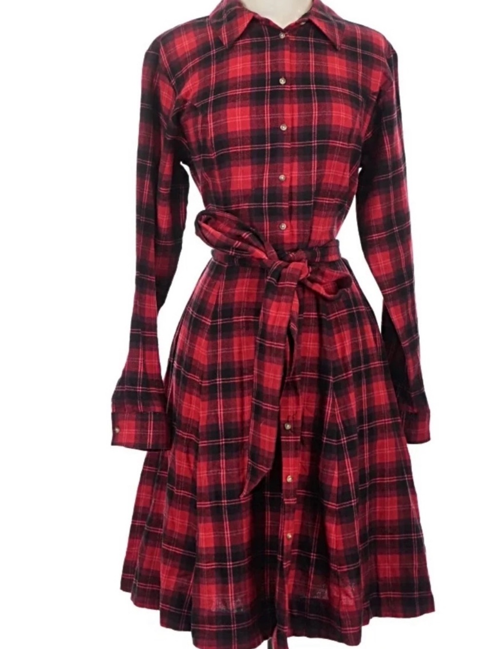 Women's Red Plaid Long-Sleeve Shirt Dress with Waist Tie